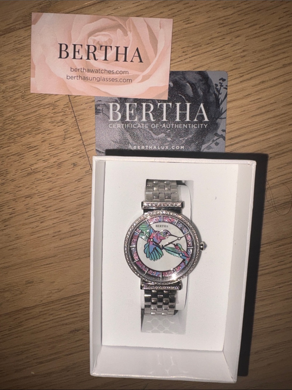 Silver Hummingbird Dial Women's Watch - Pink & Teal Accents